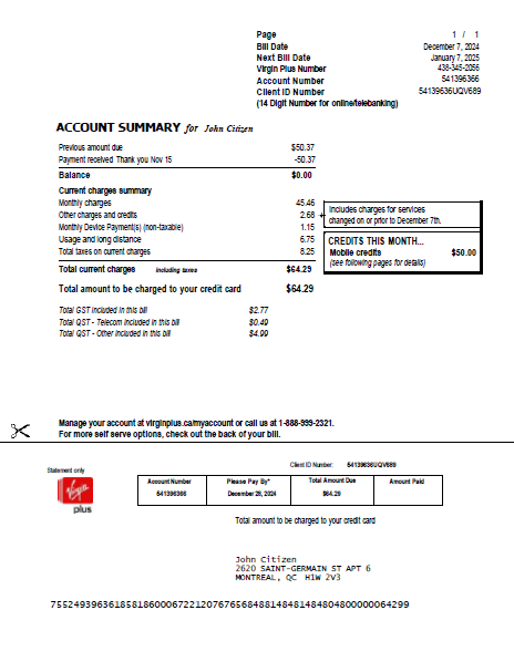 Canada Virgin Plus utility bill template in Word and PDF formats